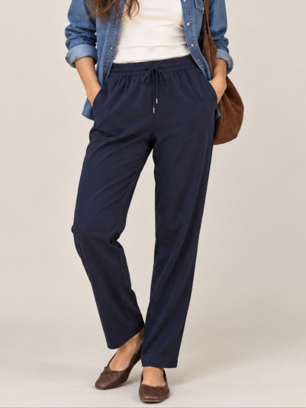 Eileen Fisher Silk Crepe Pants Drawstring Straight Leg Navy Blue Pull-On Size S